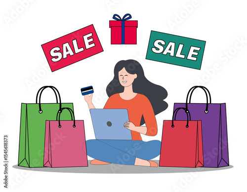 A woman happily online shops amidst sale signs, gift, and shopping bags.