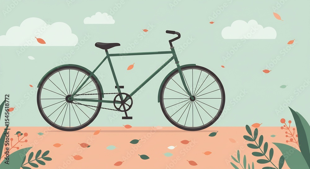 Fototapeta premium Green Bicycle Illustration with Falling Leaves and Soft Pastel Colors