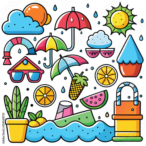 Colorful Rainy Day Illustration Featuring Umbrellas Sunglasses Fruit and Summery Elements vector