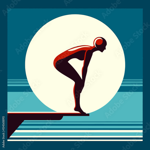 Minimalist Vector of Swimmer Preparing to Dive Against Full Moon Background