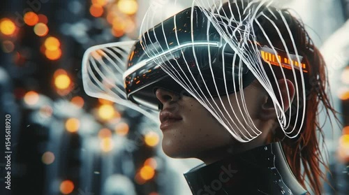 Woman wearing vr headset experiencing virtual reality in futuristic city
