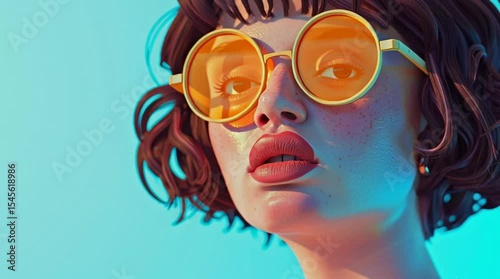 Stylish woman wearing yellow sunglasses posing on turquoise background