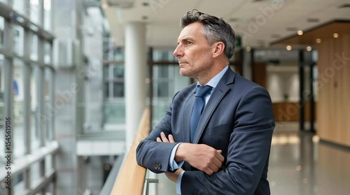 Pensive businessman looking out large windows in office building