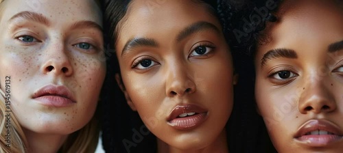 Three diverse models posing together for beauty campaign