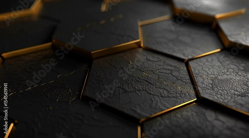 Abstract black and gold hexagonal surface gently moving