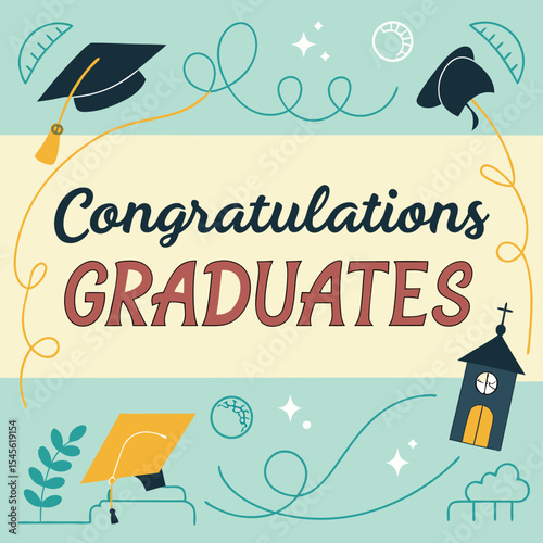 Congratulations Graduates. Greeting lettering sign with flying academic caps. Congratulating vector banner for graduation party, congratulation ceremony, poster, card. University, school grads symbol