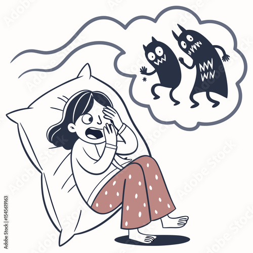 Kid nightmare illustration. A frightened girl has a bad dream, she is afraid of a monsters and pulling blanket. Sleep disorder, insomnia, childhood nightmares, bad dreams concept. Flat vector design