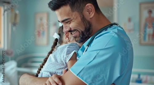 Doctor hugging little girl patient in hospital room