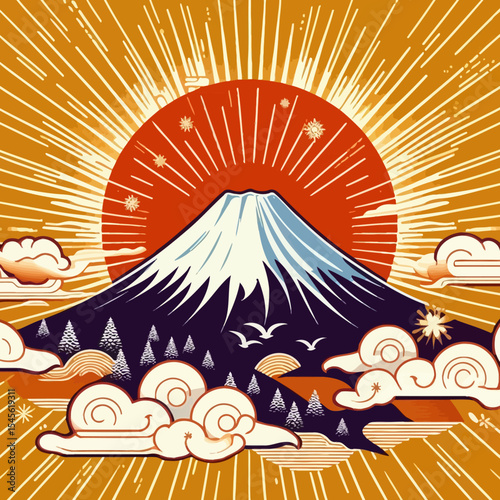 Mount Fuji with Rising Sun and Flying Cranes Japanese Style Vector Illustration