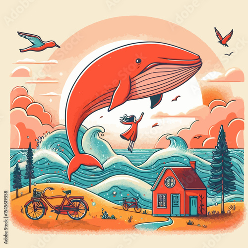 Surreal Fantasy Illustration of Flying Whale and Girl over Ocean Landscape