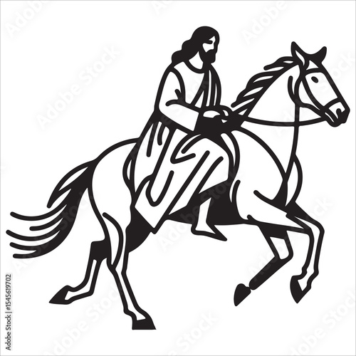 Jesus Riding a Horse vector illustration in black and white