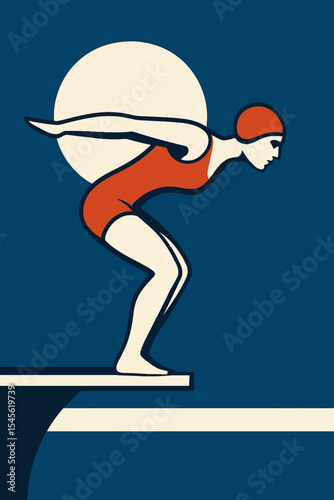 Minimalist Vector of Swimmer Preparing to Dive Against Full Moon Background