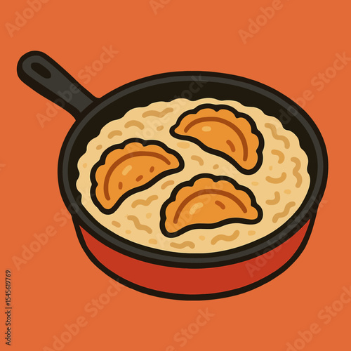 Cartoon Dumplings Cooking in a Pan with Noodles