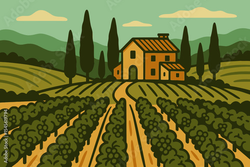 Countryside Vineyard with Farmhouse – Vector Landscape Illustration