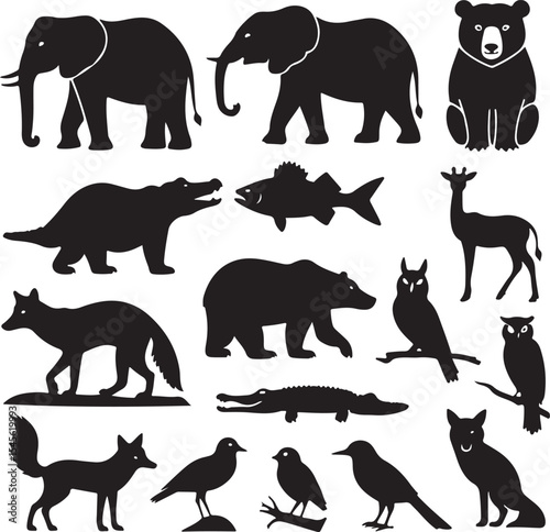 Animal Silhouette Collection in Black Vector Style for Wildlife Themes