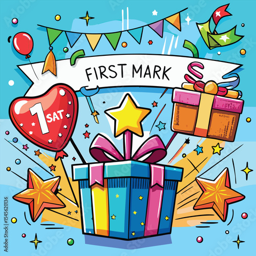 Vibrant Gift Box Illustration Announces First Mark Gift Campaign Featuring Colorful Balloons Stars and Bunting