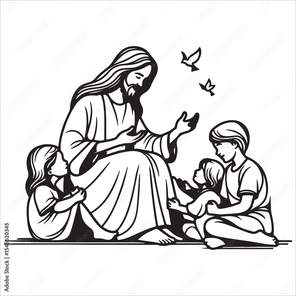 Fototapeta premium Jesus with Children vector illustration in black and white