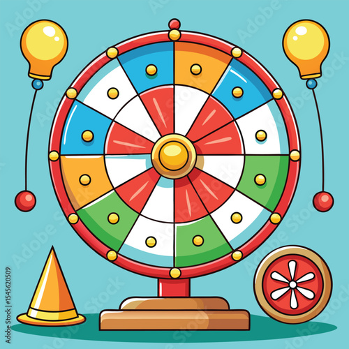 Whimsical Cartoon Lottery Wheel Illustration Featuring Red Orange Blue Green Yellow Colors Lightbulb Cones and Spinner