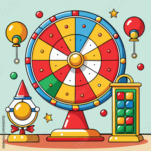 Whimsical Colorful Lottery Wheel Illustration with Red Yellow Blue Green and White Sections Surrounded by Toy-like Objects