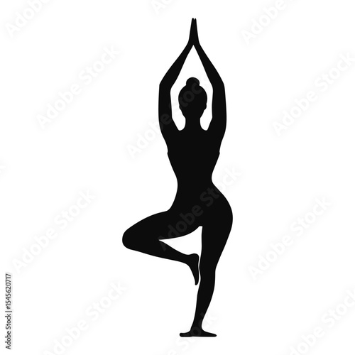 Silhouette of a woman balancing in the Tree Pose (Vrksasana) with hands raised.