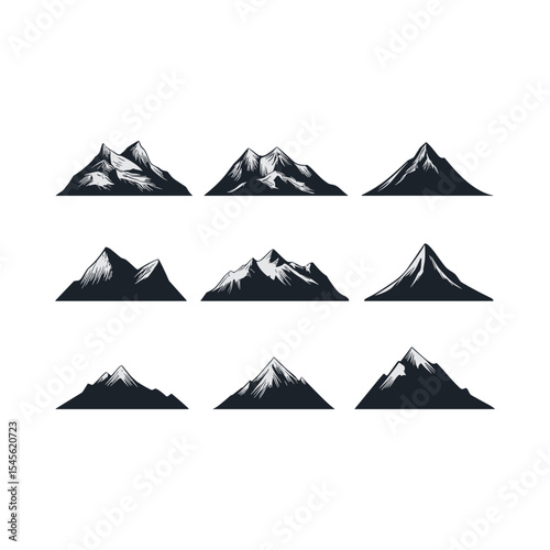 Set of nine mountain peak icons in a black and white engraved or sketched style.