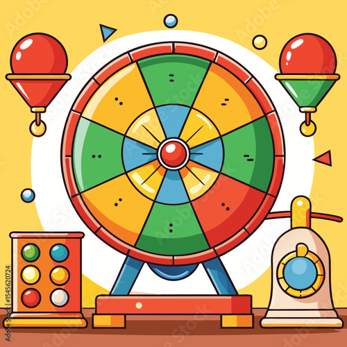 Whimsical Lottery Wheel Illustration Colorful Spinning Wheel Game Red Orange Yellow Green Blue Toys vector
