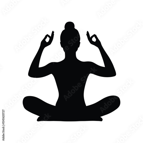 Silhouette of a woman in a seated yoga pose with raised hands in Gyan Mudra.