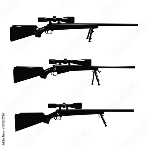 Set of three sniper rifle silhouettes with scopes and bipods.