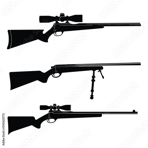 Three black silhouettes of bolt action hunting or sniper rifles with scopes.