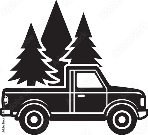 christmas tree on a truck, pickup with christmas tree vector, pickup with christmas tree illustration vector black and white
