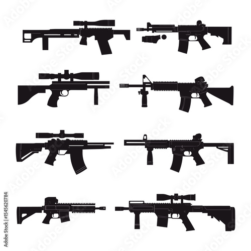A collection of eight modern tactical assault and sniper rifle silhouettes.