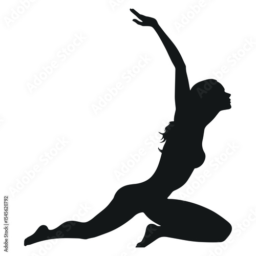 Silhouette of a graceful woman in a kneeling yoga or expressive dance pose.