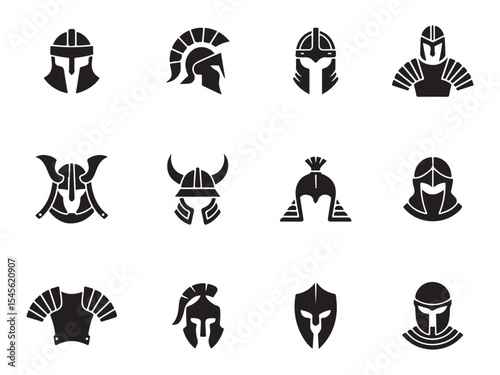 Collection of Black and White Historical Warrior Helmets and Armor, A collection of twelve simple, black silhouette illustrations of various historical warrior helmets and armor. vector art