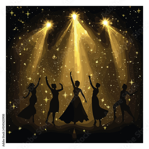 Silhouettes of five women dancing on a stage under glowing golden spotlights.