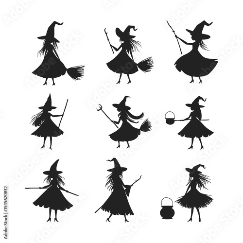 Set of nine assorted witch silhouettes with brooms, wands, and cauldrons for Halloween.