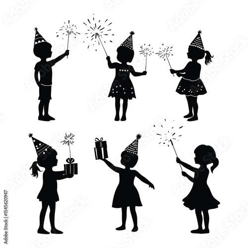 A festive set of six silhouettes of children in party hats holding sparklers and gifts.