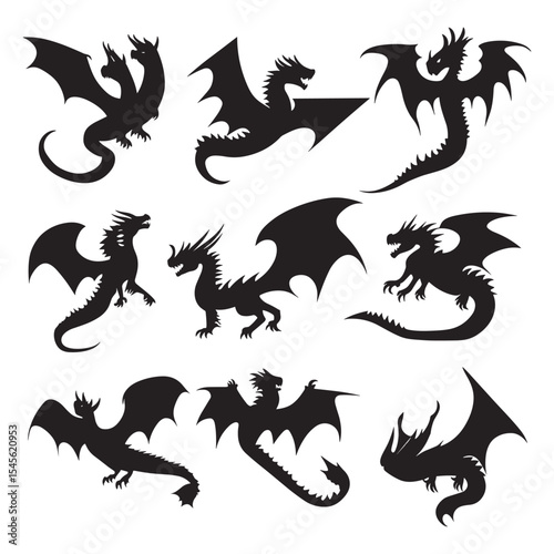 A powerful set of nine epic fantasy dragon silhouettes in various flying and standing poses.