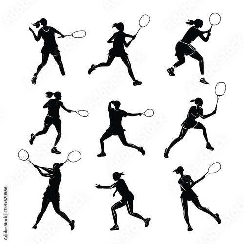 Set of nine powerful action silhouettes of female badminton players.