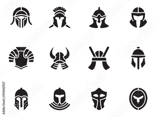 Collection of Vintage Warrior Helmets and Armor, a set of black and white, stylized icons representing various helmets and armor from different historical periods vector art on white