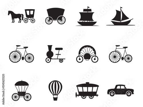 A collection of black silhouette icons depicting various vintage transportation methods, including horse-drawn carriages, ships, bicycles, steam-powered vehicles, airships, and early automobiles 