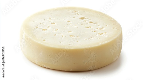 A round, white, aged cheese with visible holes on a white background.