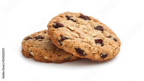 Two oatmeal raisin cookies on a white background.
