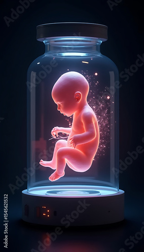 Human fetus in glass jar futuristic concept