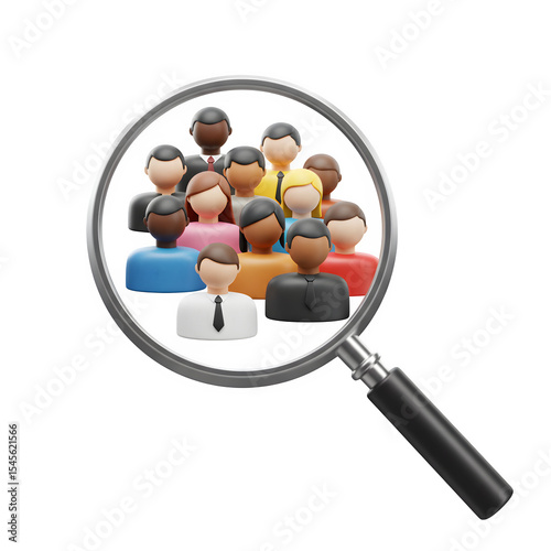 Magnifying Glass Highlighting Diverse Team Members, Isolated on Transparent or White Background