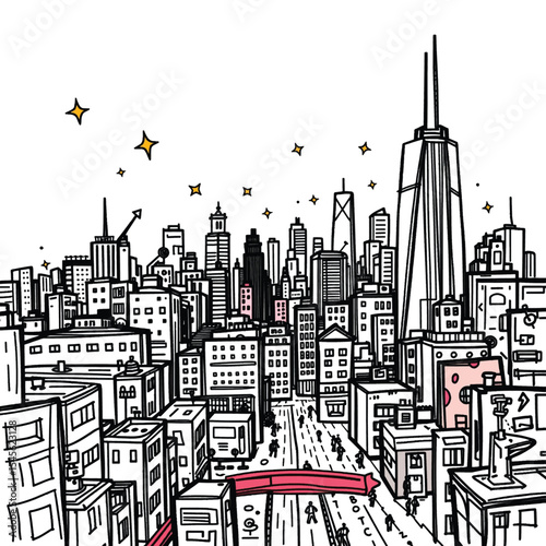 Urban cityscape illustration in a comic style with dense skyscrapers wide streets small human figures and scattered yellow stars over white background featuring tall modern buildings with black outlin