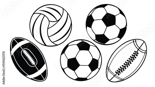 Black and white outline illustrations of various popular sports balls in minimalist design