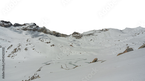 Snow capped mountain peaks isolated on transparent background, PNG Format