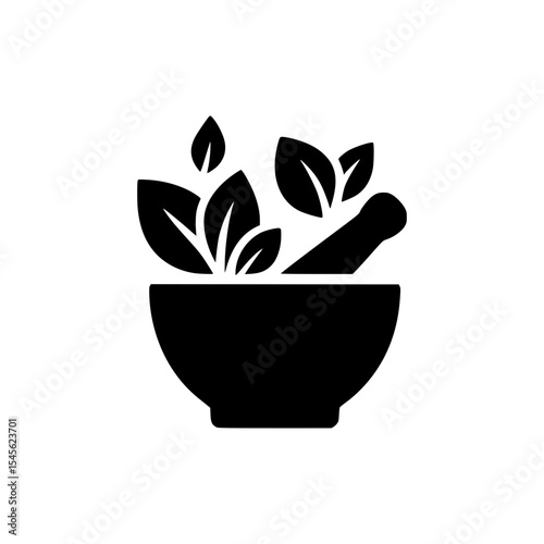 Isolated Black Silhouette of Mortar and Pestle with Herbs
