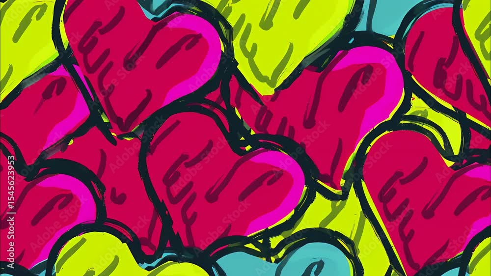 Abstract of bold pink and yellow hearts outlined in black overlap playfully on a sky blue background