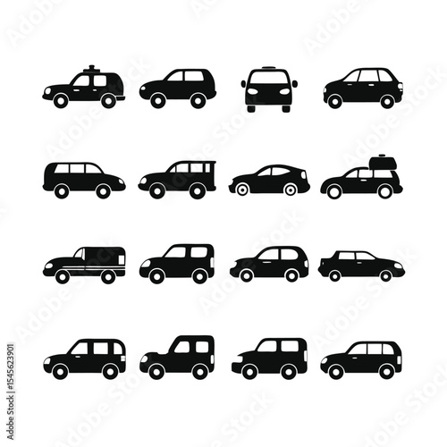 Sixteen Simple Black Silhouettes of Various Cars S U Vs and Vans Different Angles